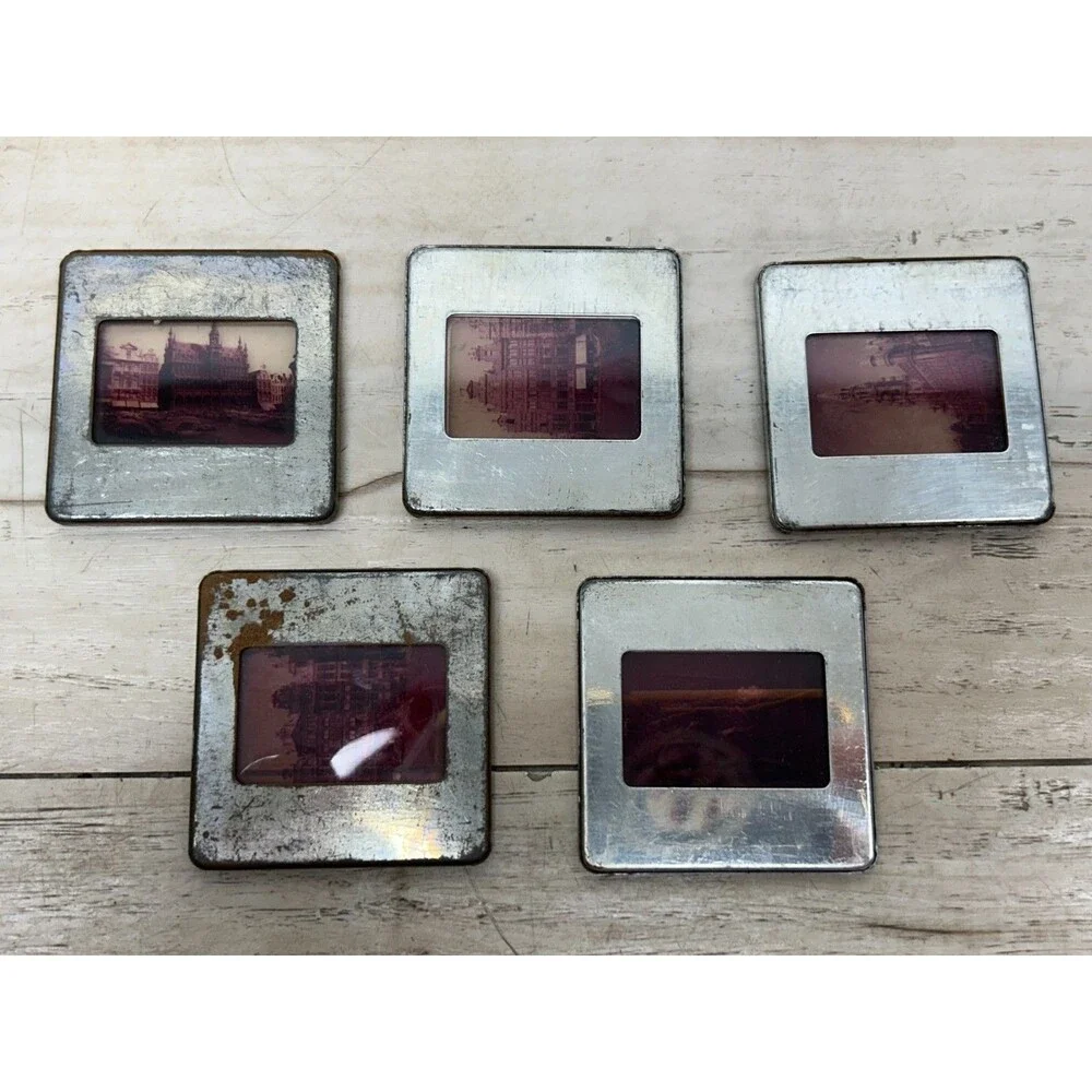 Vtg Stop Color Tin And Glass 5 Lantern Slides Brussels Buldings Made In Belgium